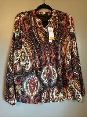 NWT Tahari Sz Large Women’s Peacock V-neck Paisley Long Sleeve Blouse Top Rt $88